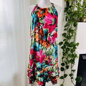 MSK Bright Colorful Artsy Ruffly Tiered Fun Sun Dress - Size Large
